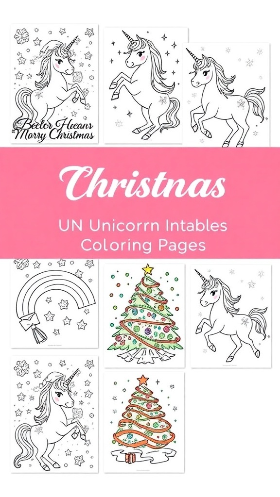 A selection of unicorn Christmas coloring pages with various festive designs.